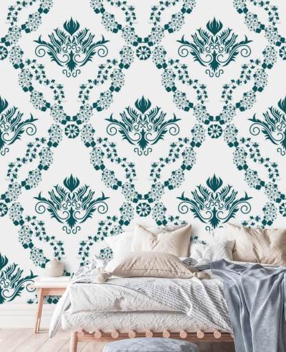 vintage white and teal pattern wallpaper