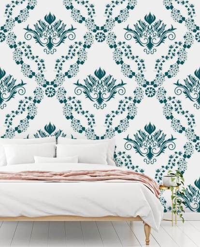 papel de parede vintage com padrão branco e azul-petróleo papel de parede vintage com padrão branco e azul-petróleo