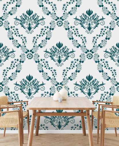 vintage white and teal pattern wallpaper