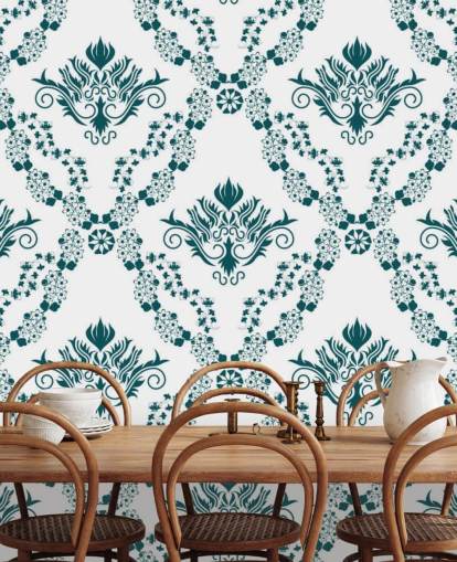 papier peint vintage à motif blanc et bleu sarcelle