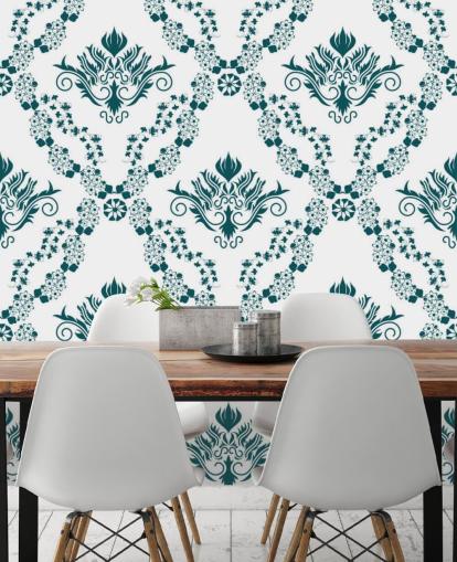 papel pintado vintage con estampado blanco y verde azulado