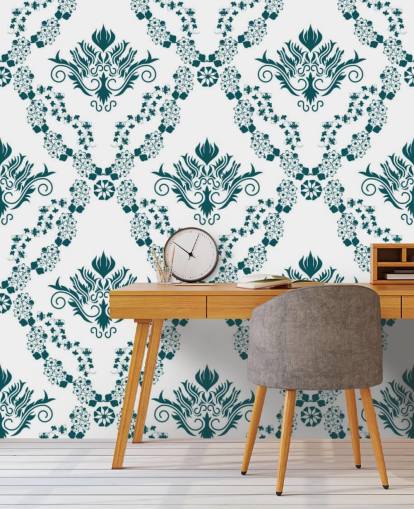 vintage white and teal pattern wallpaper