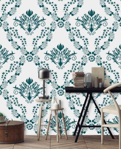 vintage behang met wit en groenblauw patroon