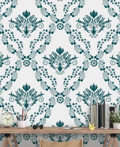 vintage behang met wit en groenblauw patroon