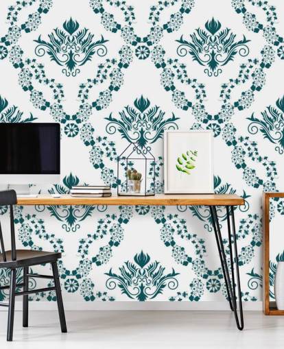 vintage white and teal pattern wallpaper