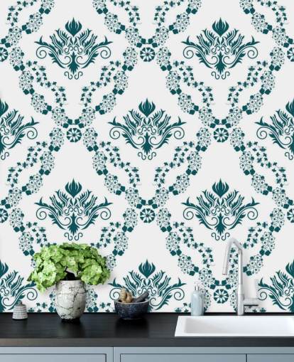 papier peint vintage à motif blanc et bleu sarcelle