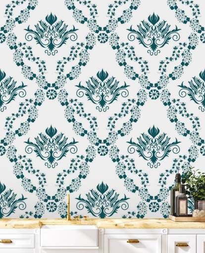 papel pintado vintage con estampado blanco y verde azulado