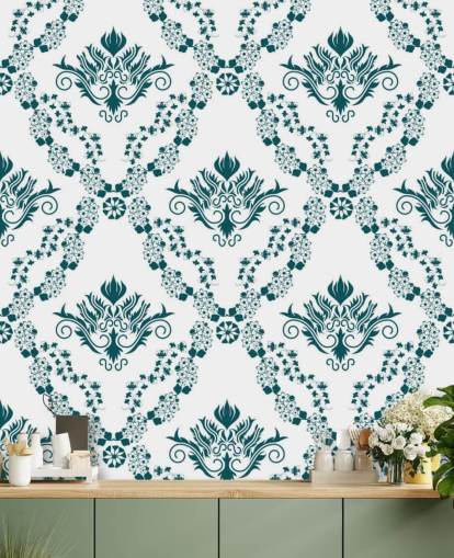 vintage white and teal pattern wallpaper