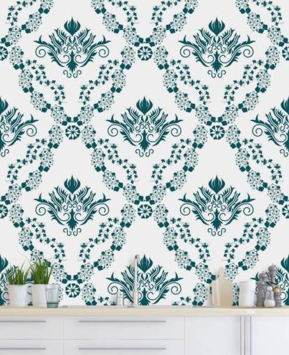 papier peint vintage à motif blanc et bleu sarcelle