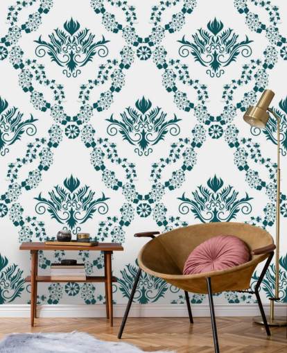 vintage white and teal pattern wallpaper