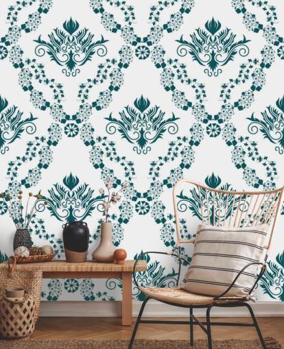 vintage white and teal pattern wallpaper