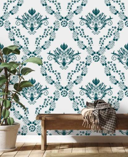 papel pintado vintage con estampado blanco y verde azulado