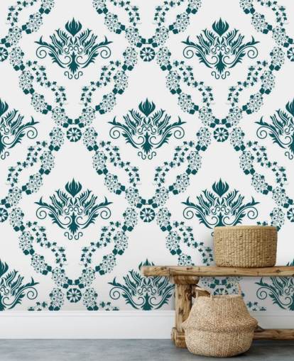 carta da parati vintage con motivo bianco e verde acqua