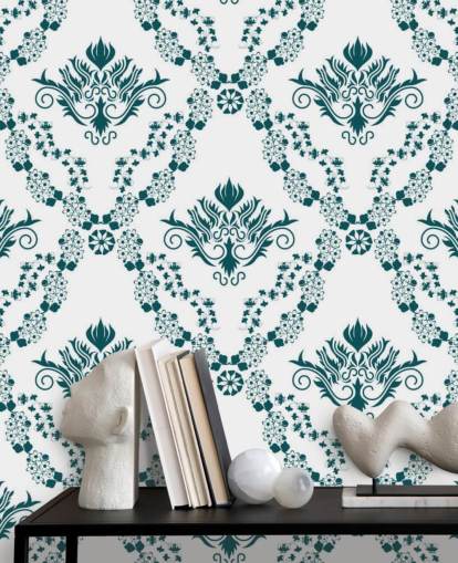 vintage white and teal pattern wallpaper