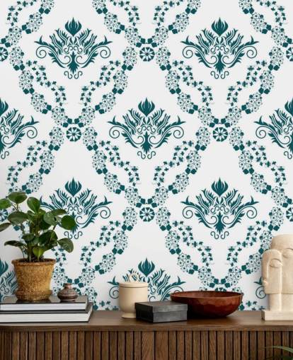 papel de parede vintage com padrão branco e azul-petróleo