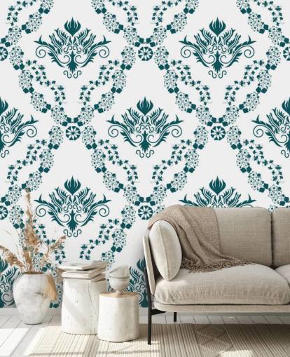 vintage white and teal pattern wallpaper