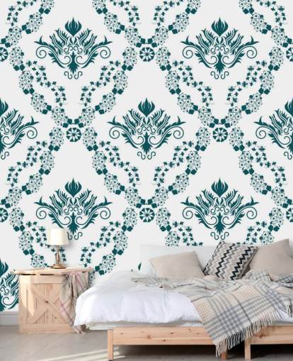 vintage white and teal pattern wallpaper