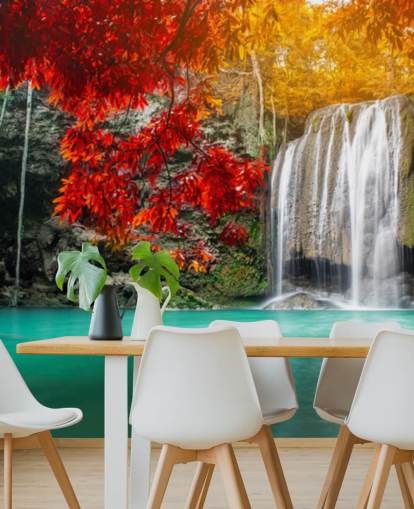 orange and yellow trees by waterfall wallpaper