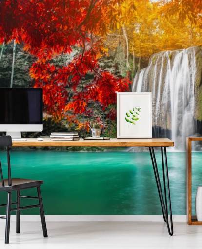 orange and yellow trees by waterfall wallpaper orange and yellow trees by waterfall wallpaper