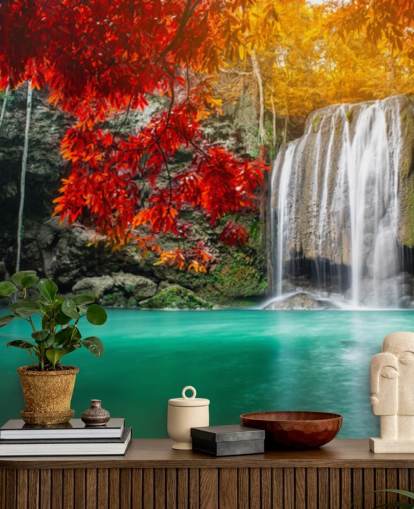 orange and yellow trees by waterfall wallpaper