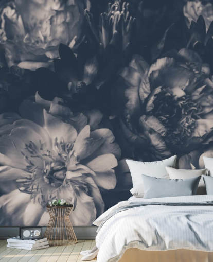 Zwart en wit donker bloemenbehang Zwart en wit donker bloemenbehang