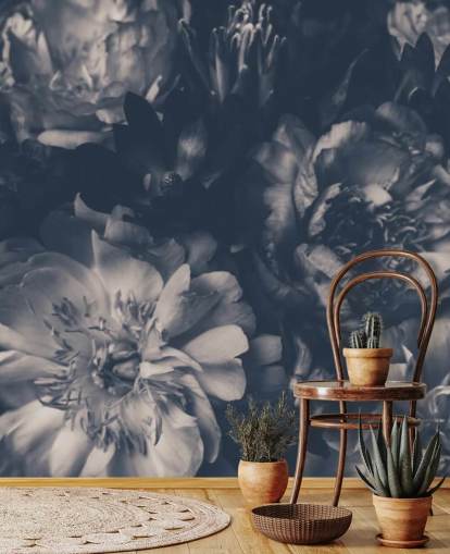 Papel de parede floral escuro preto e branco