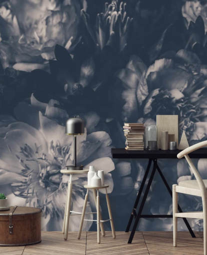 Papel pintado floral oscuro blanco y negro