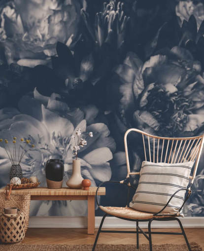 Zwart en wit donker bloemenbehang