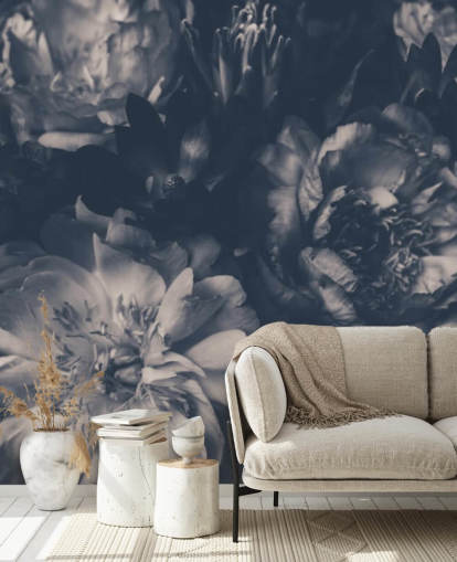 Papel pintado floral oscuro blanco y negro