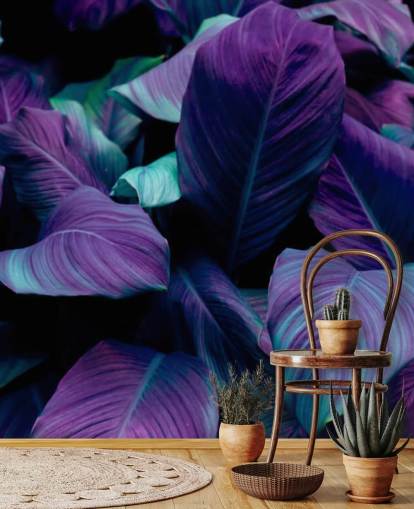 Carta da parati con foglie viola e blu