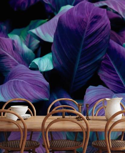 Papier Peint Jungle Violet et Feuilles Bleues