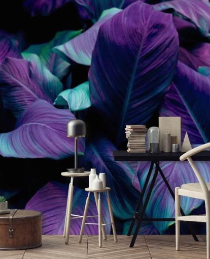 Paars en blauw bladeren jungle behang