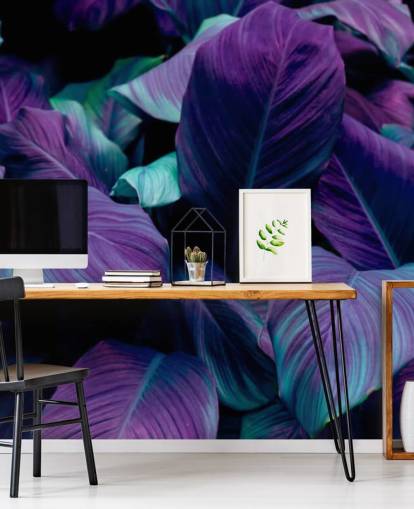 Papier Peint Jungle Violet et Feuilles Bleues