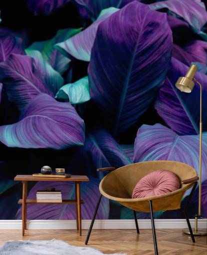Papier Peint Jungle Violet et Feuilles Bleues