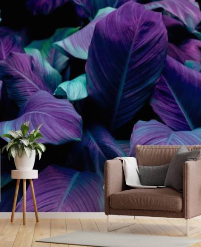 Papier Peint Jungle Violet et Feuilles Bleues Papier Peint Jungle Violet et Feuilles Bleues