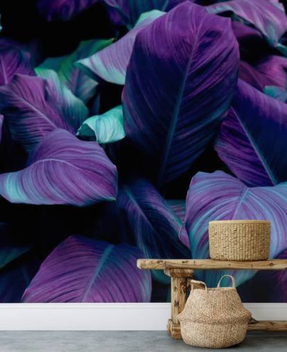 Paars en blauw bladeren jungle behang