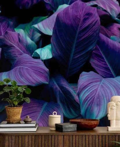 Papier Peint Jungle Violet et Feuilles Bleues