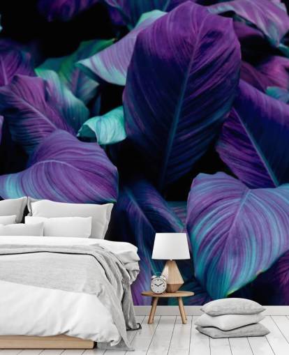 Paars en blauw bladeren jungle behang