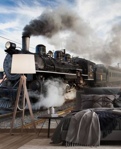 foggy black steam train wallpaper