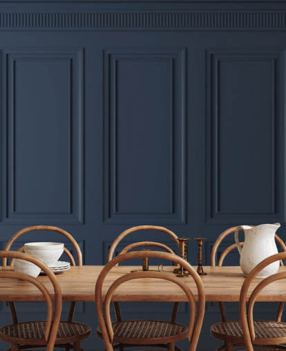 donkerblauwe aanpasbare behangmuurschildering van hout genaamd Dark Blue Panel voor lounges of slaapkamers