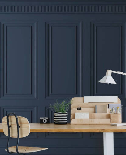 donkerblauwe aanpasbare behangmuurschildering van hout genaamd Dark Blue Panel voor lounges of slaapkamers