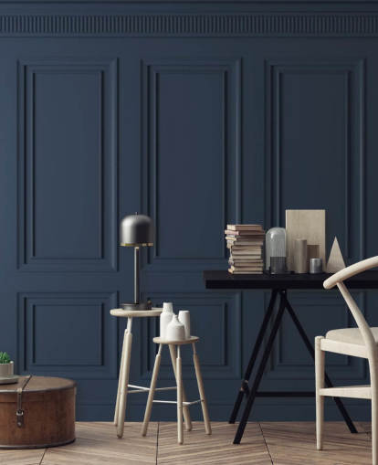 mural de papel pintado con panel de madera personalizable de color azul oscuro llamado Panel azul oscuro para salones o dormitorios