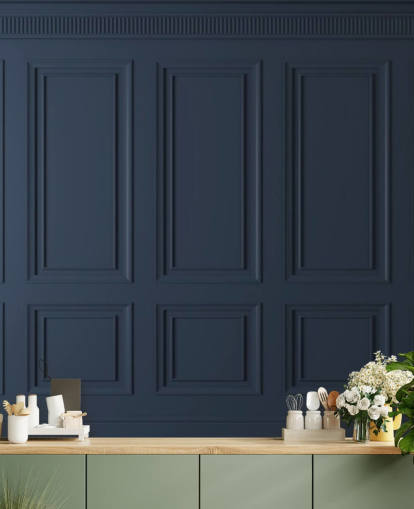 mural de papel de parede de painel de madeira personalizável azul escuro chamado Dark Blue Panel para salões ou quartos
