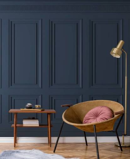 donkerblauwe aanpasbare behangmuurschildering van hout genaamd Dark Blue Panel voor lounges of slaapkamers