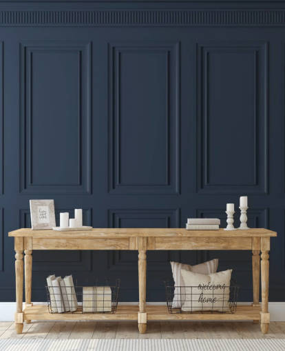carta da parati murale personalizzabile con pannelli in legno blu scuro chiamato Dark Blue Panel per salotti o camere da letto