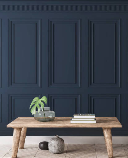 mural de papel de parede de painel de madeira personalizável azul escuro chamado Dark Blue Panel para salões ou quartos