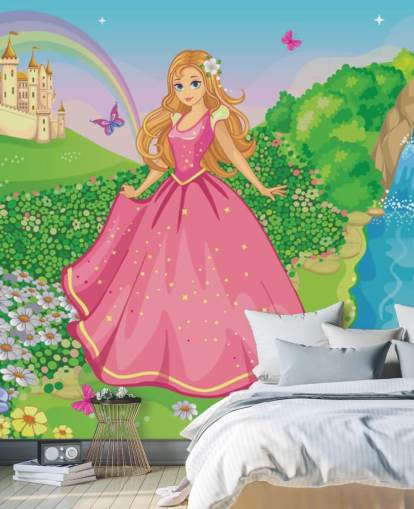 princesa en vestido rosa con papel pintado de castillo