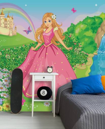 princesa em vestido rosa com papel de parede de castelo