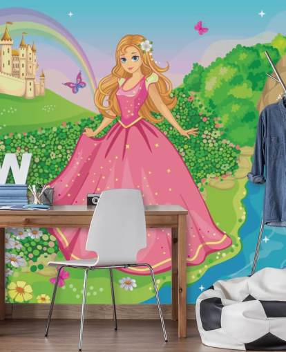 princesa en vestido rosa con papel pintado de castillo
