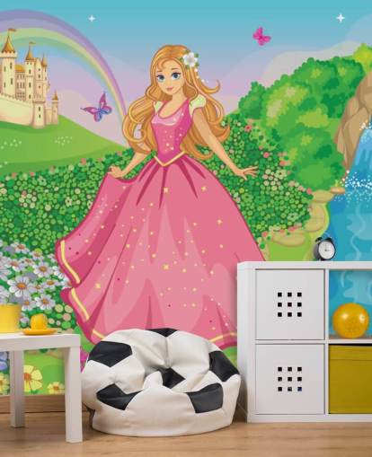 principessa in abito rosa con carta da parati del castello